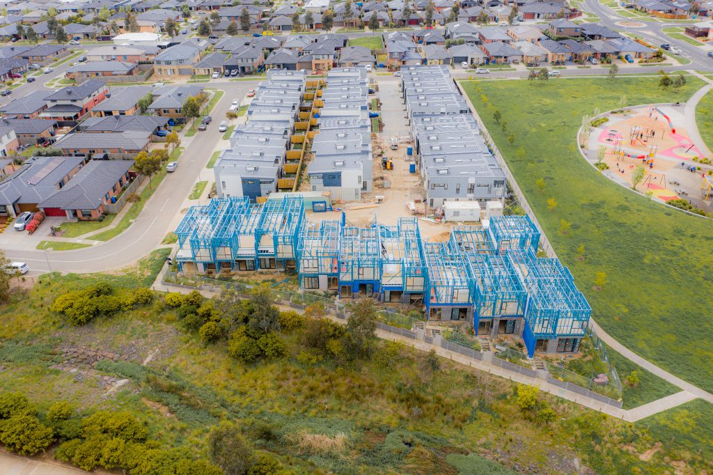 Highlights - Aerial view of the 40 townhouse development at McCormick Rise, Cranbourne West.